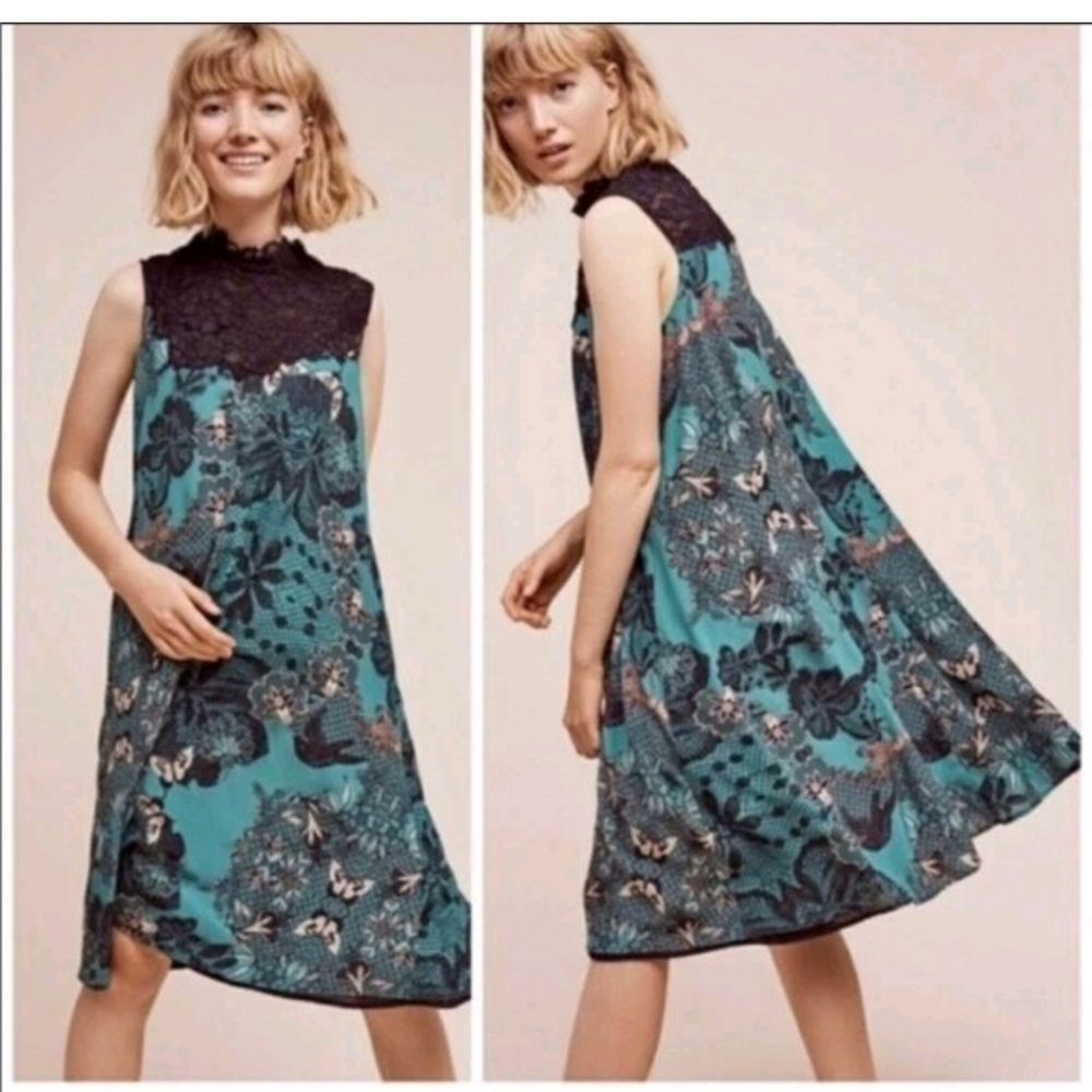 Anthropologie Maeve Swing Dress Teal Butterfly Swan Lace High Neck Print Size Xs